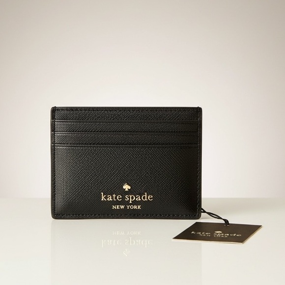 kate spade Accessories - Kate Spade Schuyler Black Saffiano PVC Card Holder with Gold Logo NWT